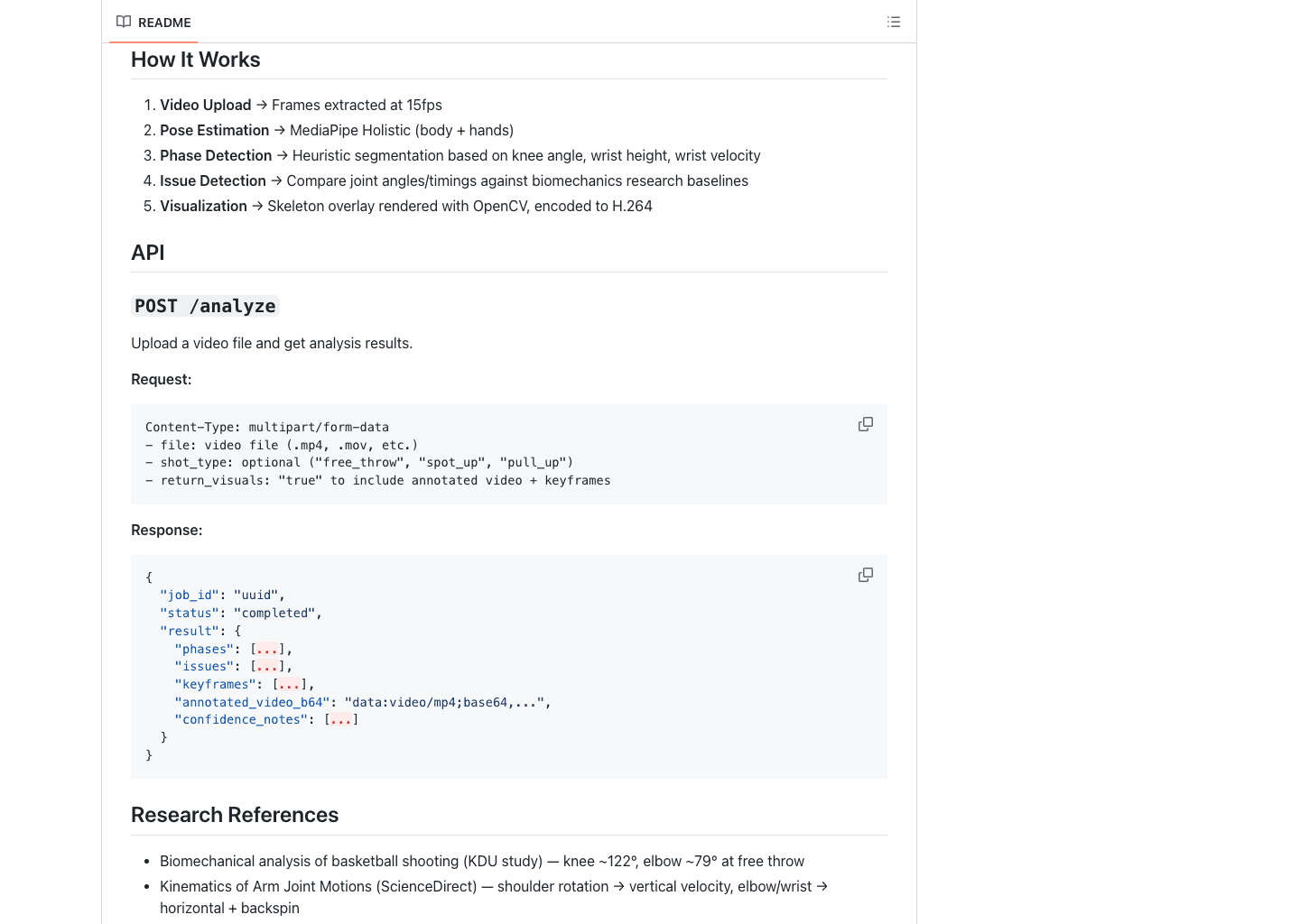 FormFix README section showing the analysis pipeline and API response.