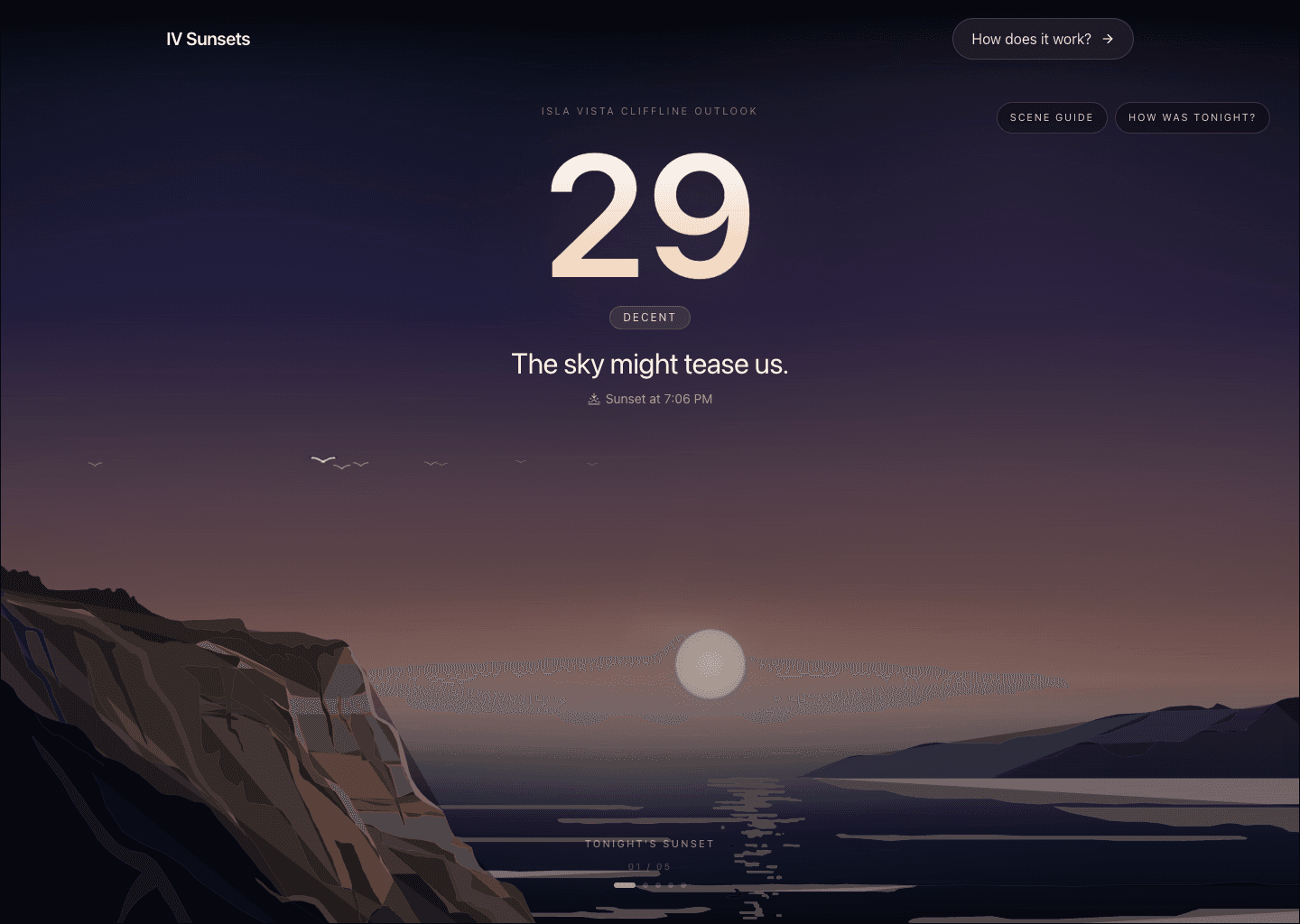 Live IV Sunsets homepage showing the current sunset score and animated scene.